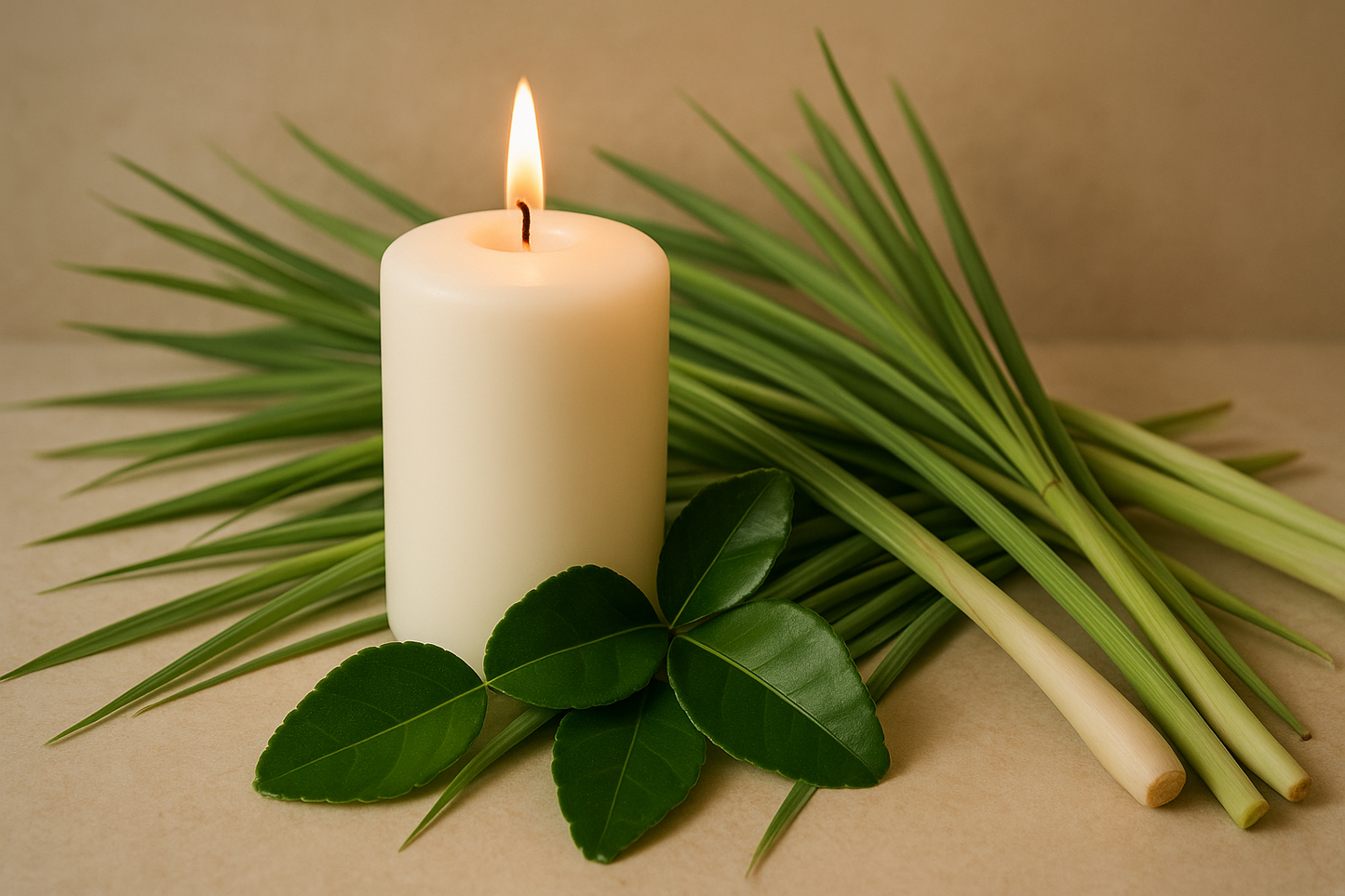 white candle amongst lemongrass and kaffir lime